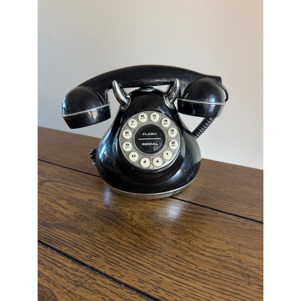 Vintage Rotary Style Telephone Black Push Button Redial Phone Cord